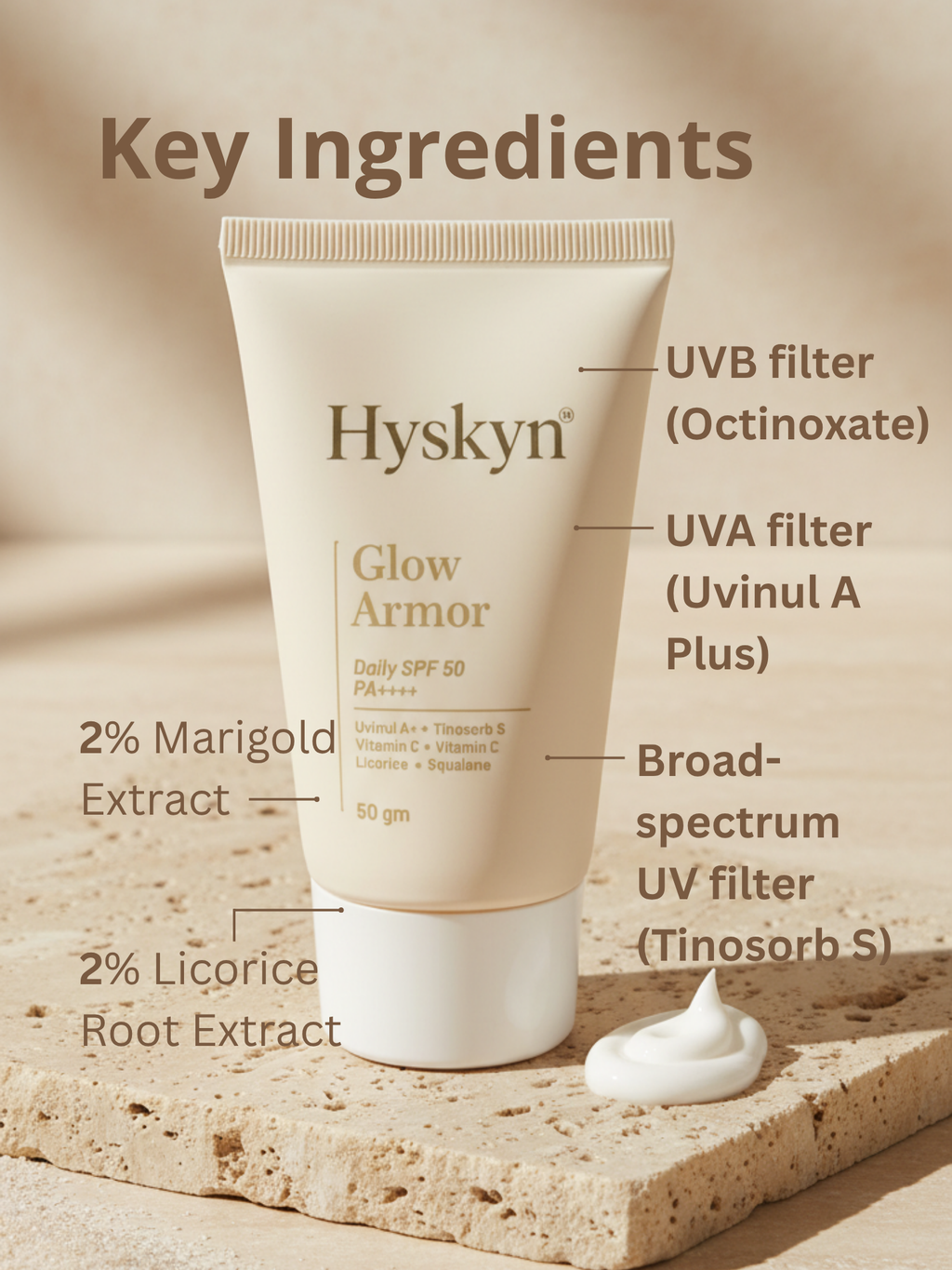 Hyskyn Glow Armor sunscreen tube with labeled key ingredients on a beige background