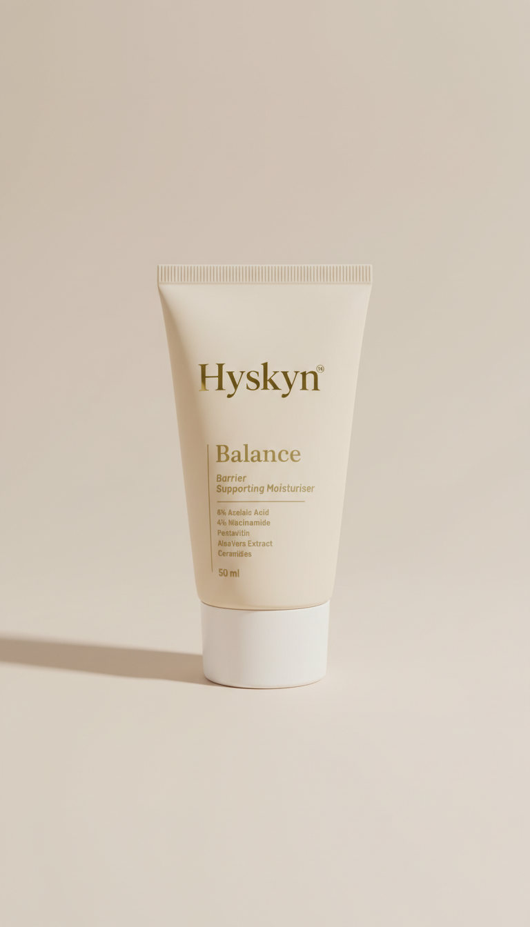 Hyskyn Balance ceramide moisturizer tube on a beige background