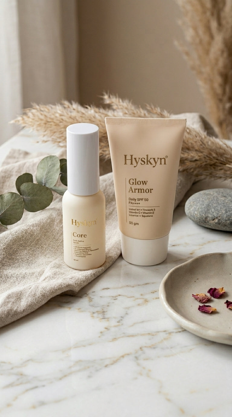 Hyskyn skincare products on a marble surface with natural elements.