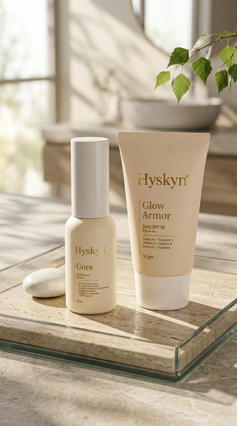 Two Hysken skincare products on a wooden surface with a blurred background