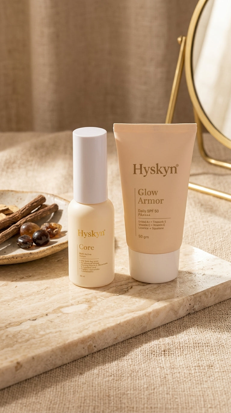 Two Hyskyn skincare products on a marble surface with a neutral background