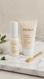 Hyskyn skincare products on a marble surface with a neutral background