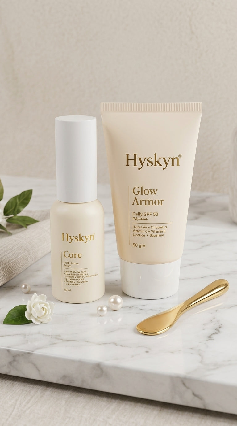 Hyskyn skincare products on a marble surface with a neutral background