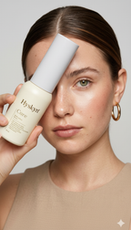 Woman holding a Hysken skincare bottle against her face on a neutral background
