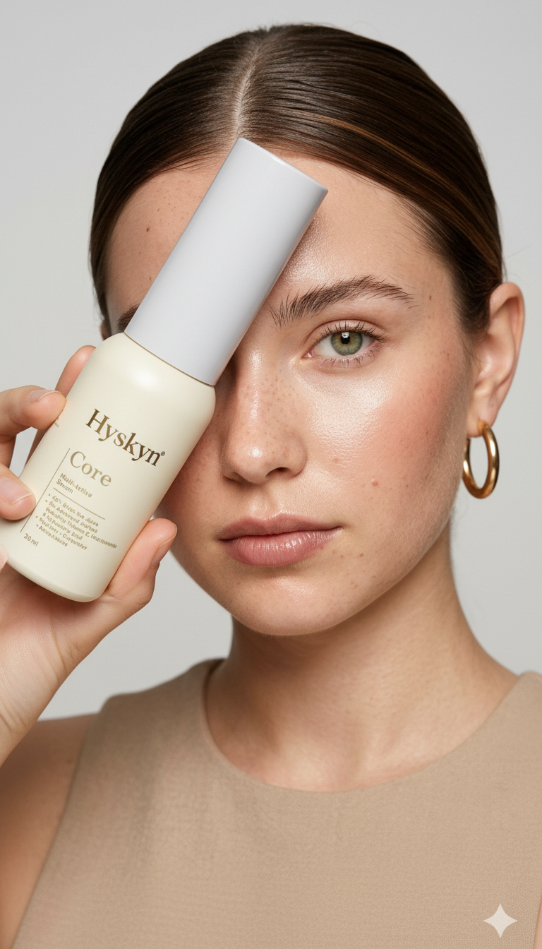 Woman holding a Hysken skincare bottle against her face on a neutral background