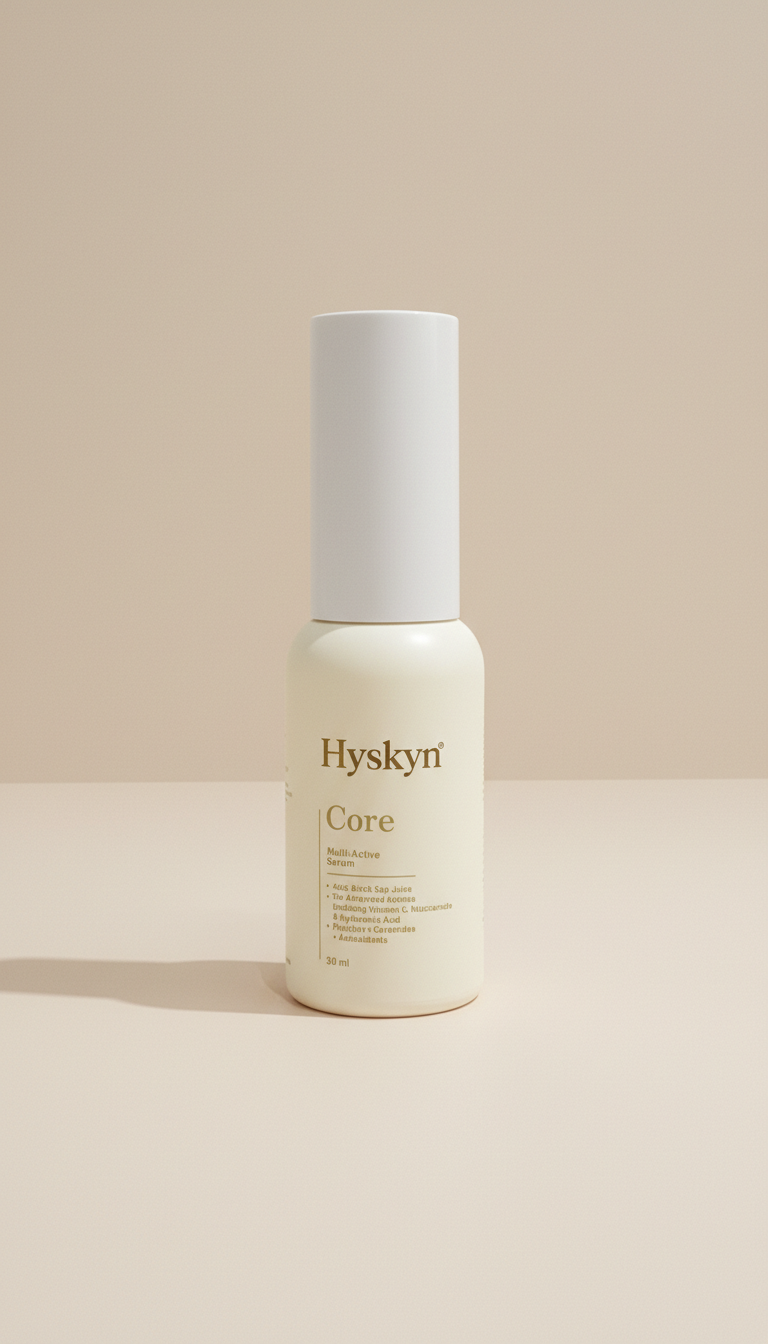 Hyskyn Core skincare bottle on a beige background