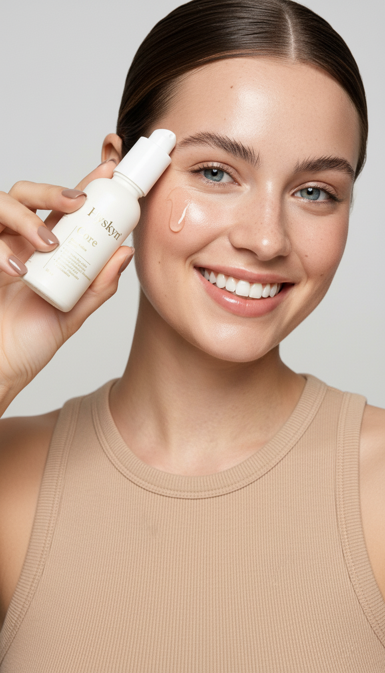 Woman applying skincare product to her face with a neutral background