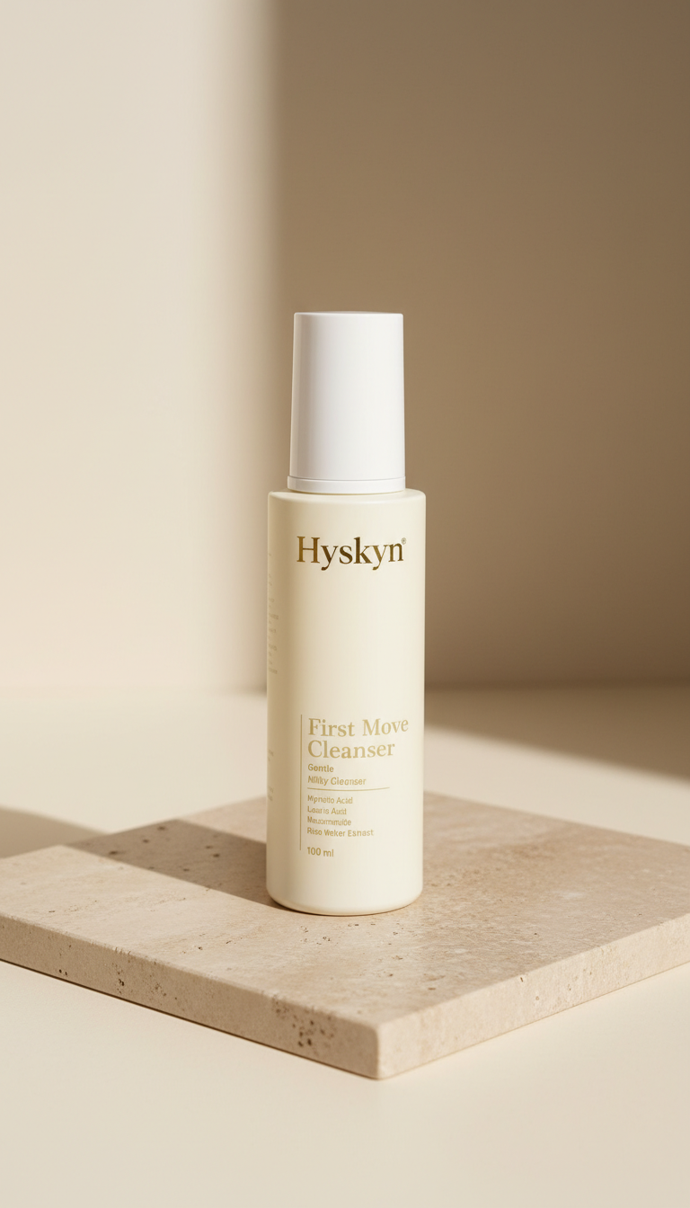 Hyskyn best face wash for oily skin bottle on a beige surface with a neutral background