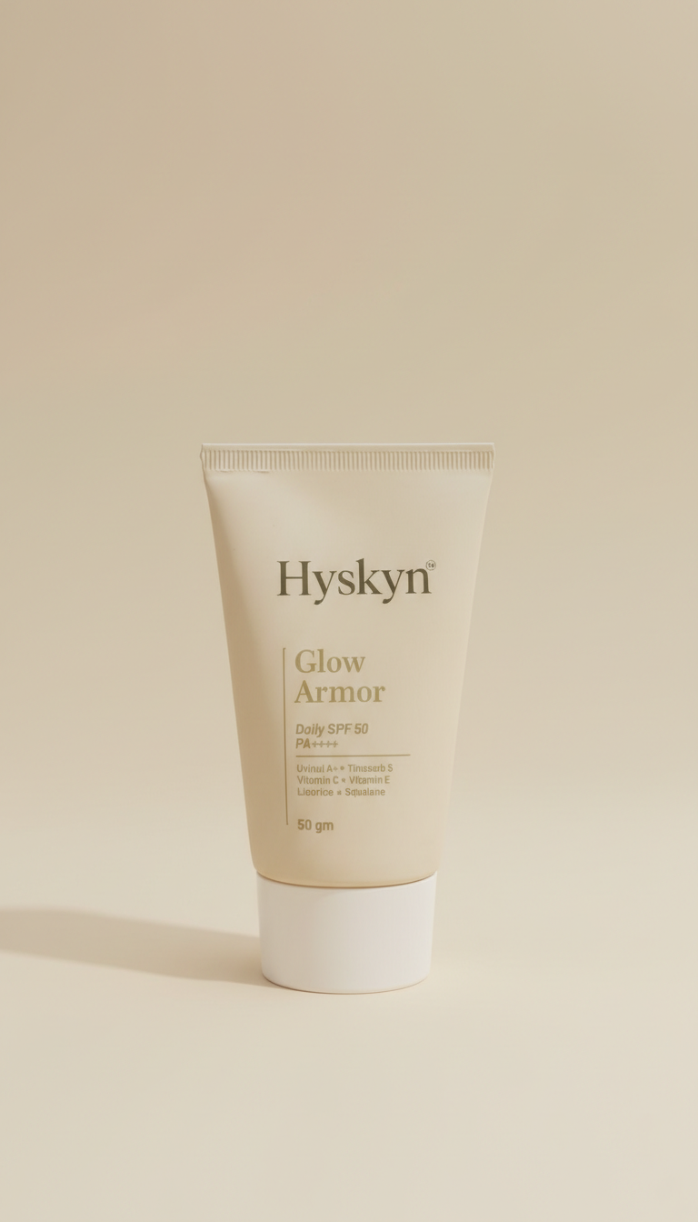 Hysken daily sunscreen tube on a beige background