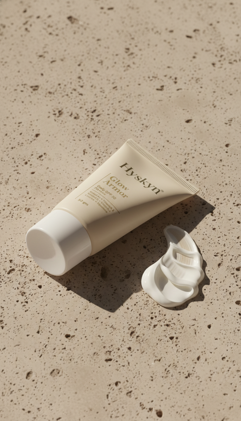 glow sunscreen Tube on a textured beige surface