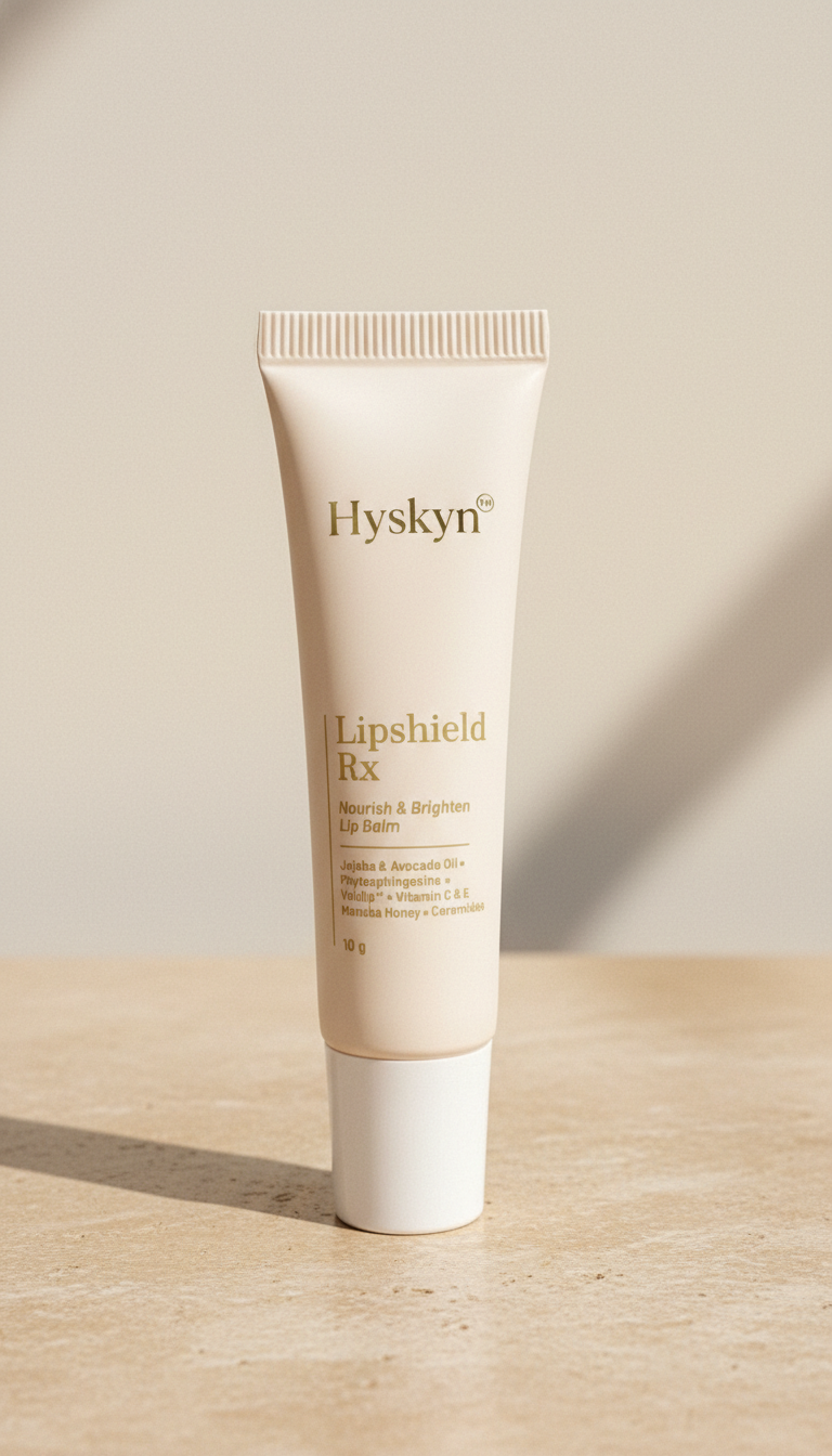 Hysken lip balm for dark lips tube on a wooden surface with a beige background