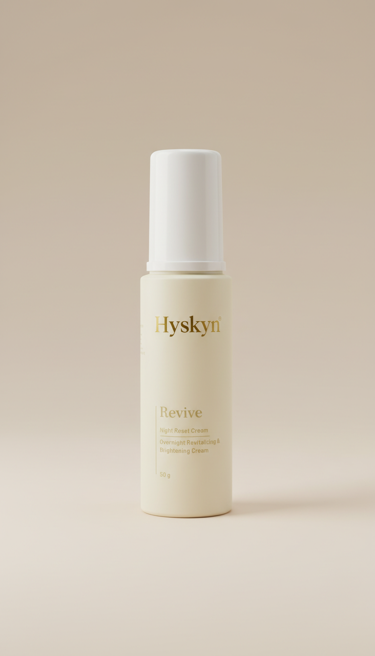 Hyskyn overnight repair cream bottle on a beige background