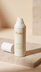 Hysken night cream for glowing skin bottle on a wooden surface with a beige background