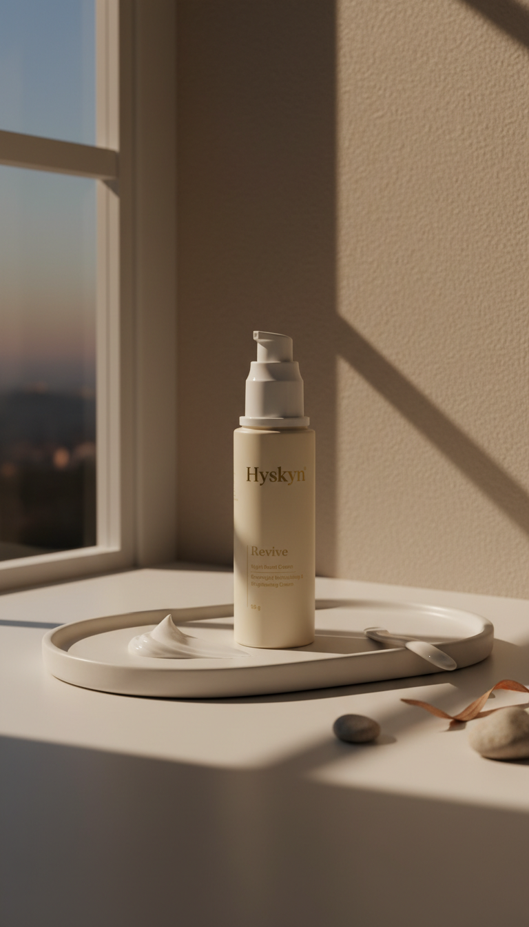hydrating night cream skincare bottle on a tray with natural light coming through a window.
