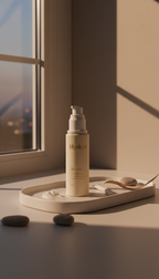 Hydrating brightening serum bottle on a tray with natural light and stones in the background